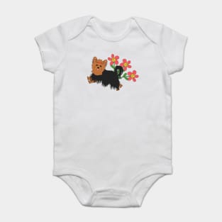 Happy Yorkshire Terrier and Flowers Baby Bodysuit